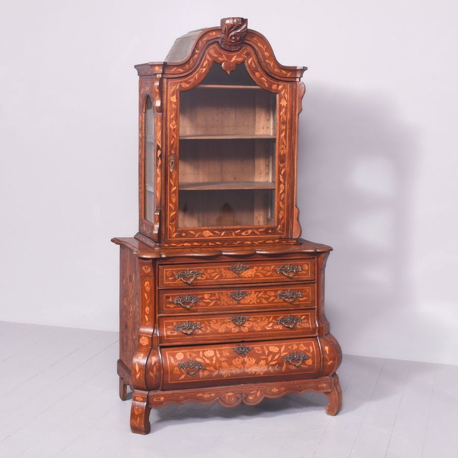 Early 19th Century Dutch Marquetry Inlaid Mahogany Bookcase on Chest