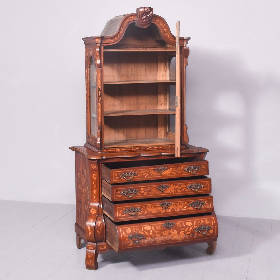 Antique Early 19th Century Dutch Marquetry Inlaid Mahogany Bookcase on Chest