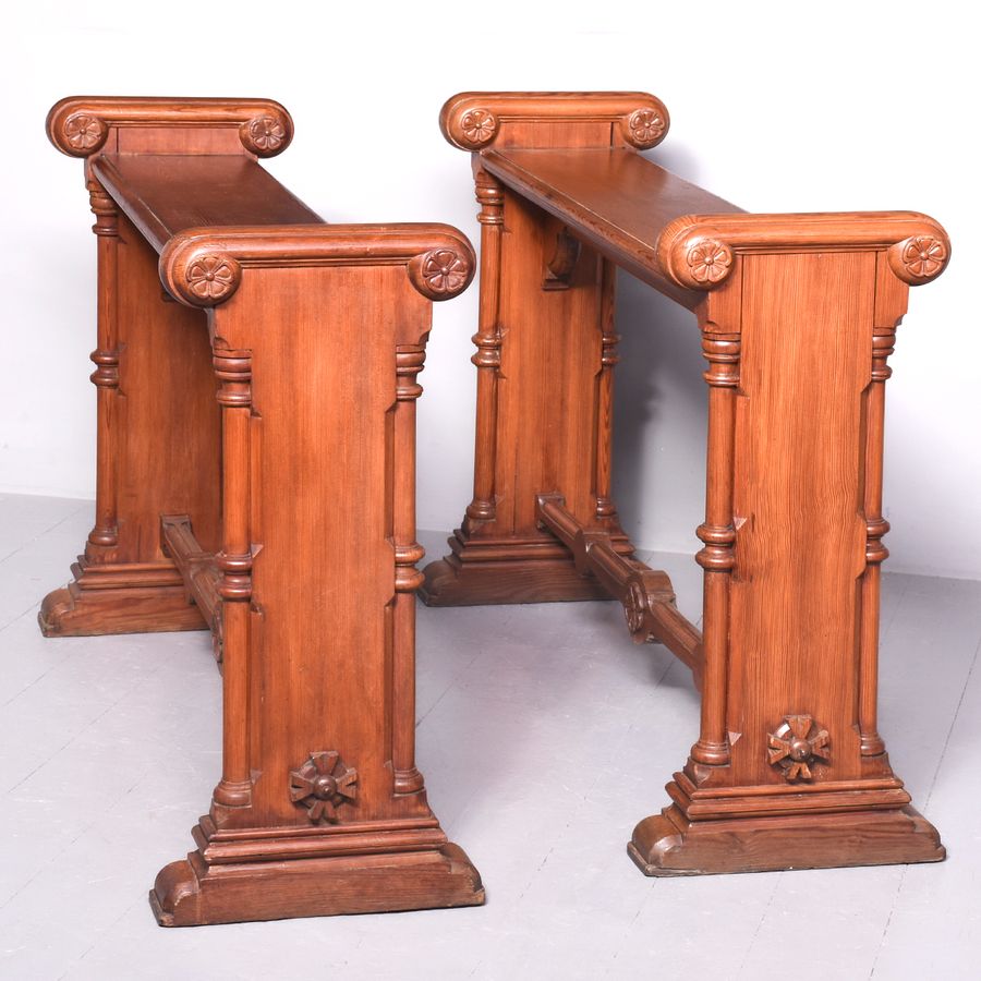 Antique Pair of Scottish Pitch Pine Gothic Narrow Side Tables