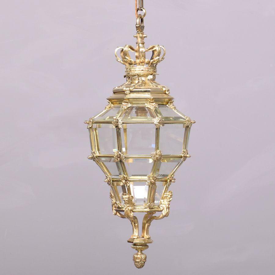 Antique Large Pair of Hexagonal & Faceted Ormolu Lanterns