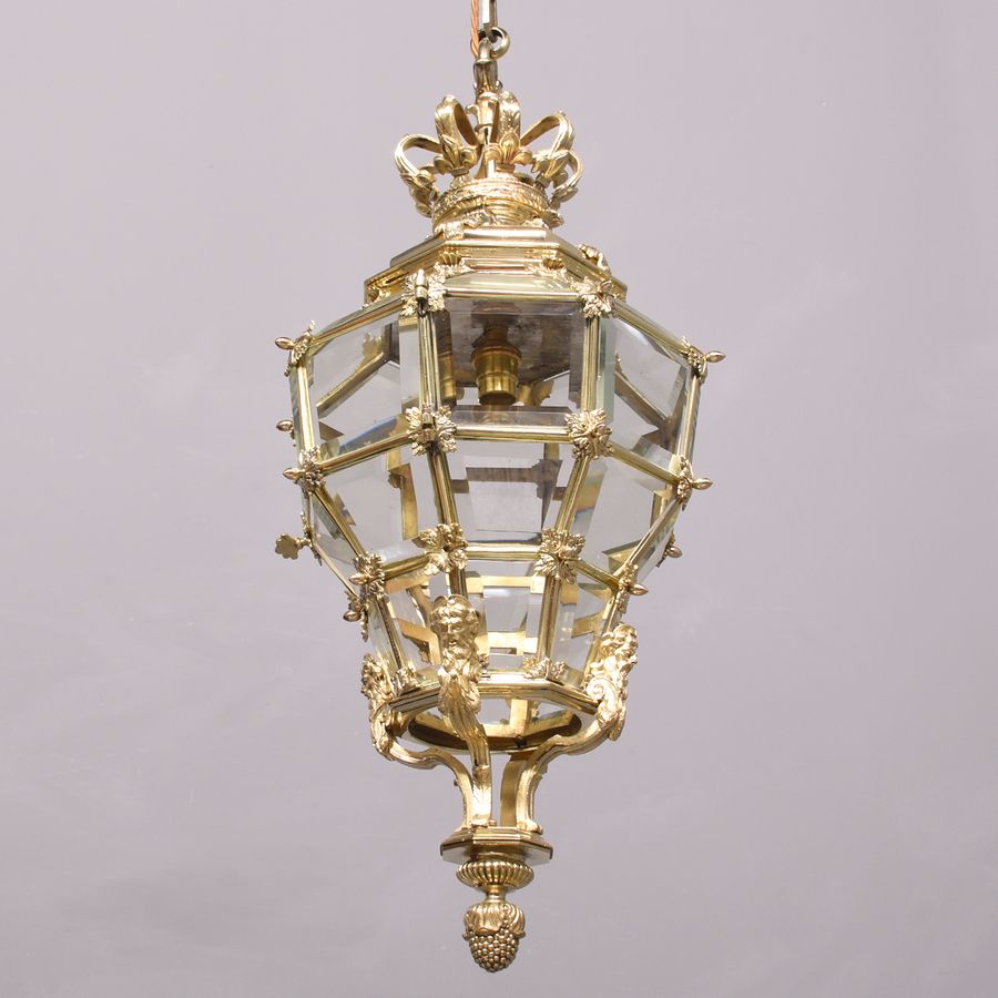 Antique Large Pair of Hexagonal & Faceted Ormolu Lanterns