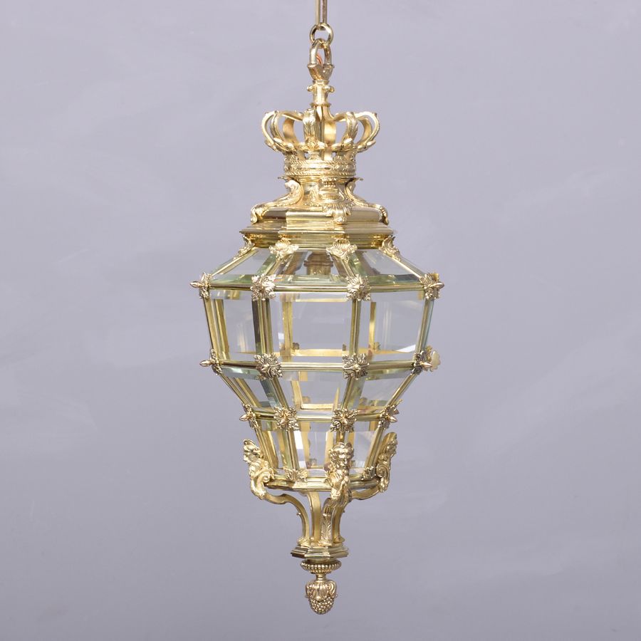 Antique Large Pair of Hexagonal & Faceted Ormolu Lanterns