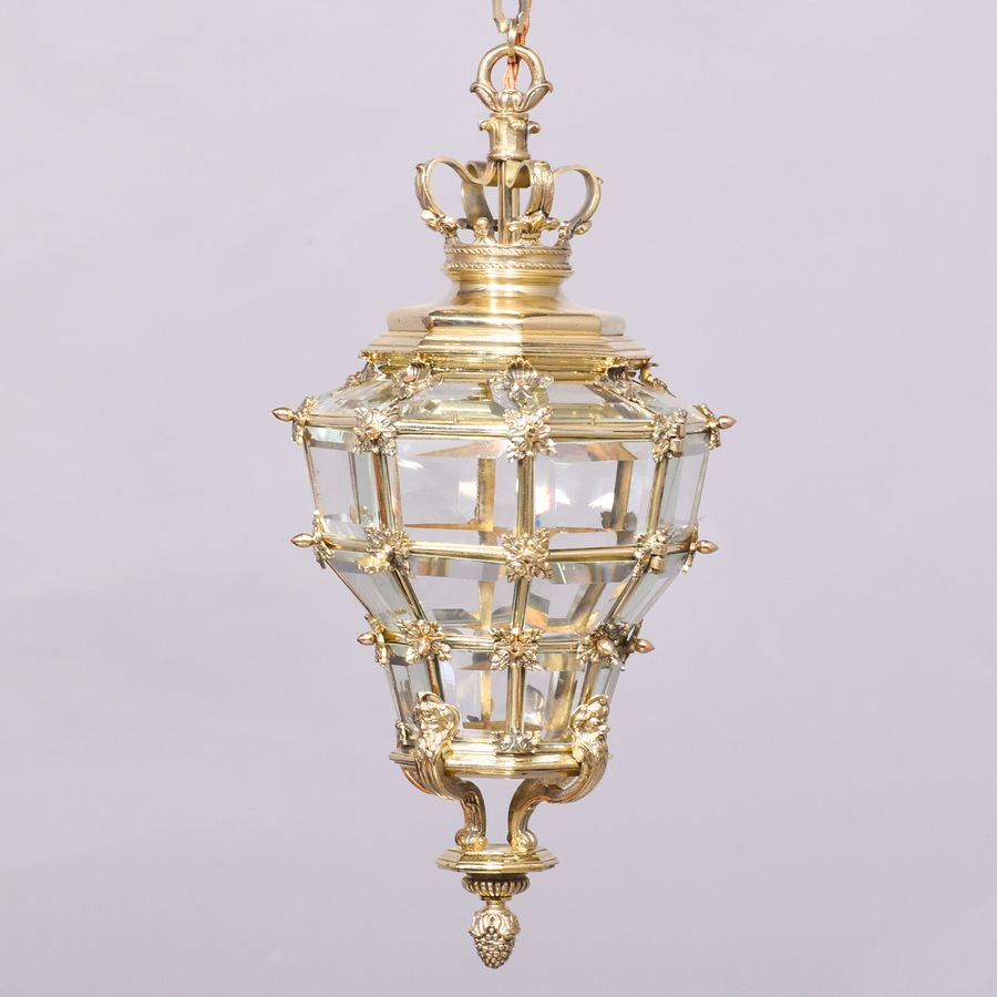 Antique Neat Pair of Hexagonal & Faceted Ormolu Lanterns