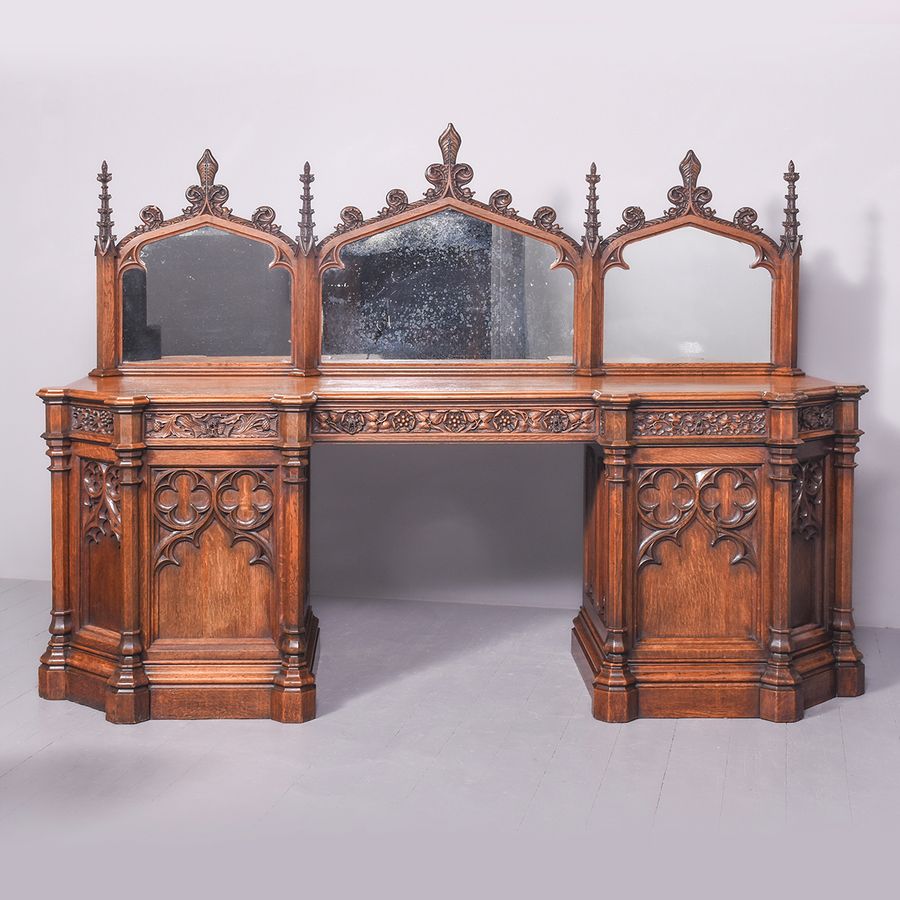 Carved Oak Pedestal Sideboard in the Style of EW Pugin