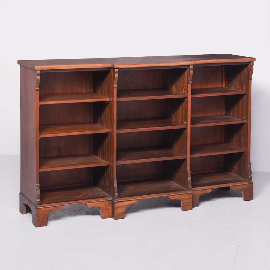 Antique Neat-Sized, Three Section Mahogany Breakfront Bookcase with Adjustable Shelves