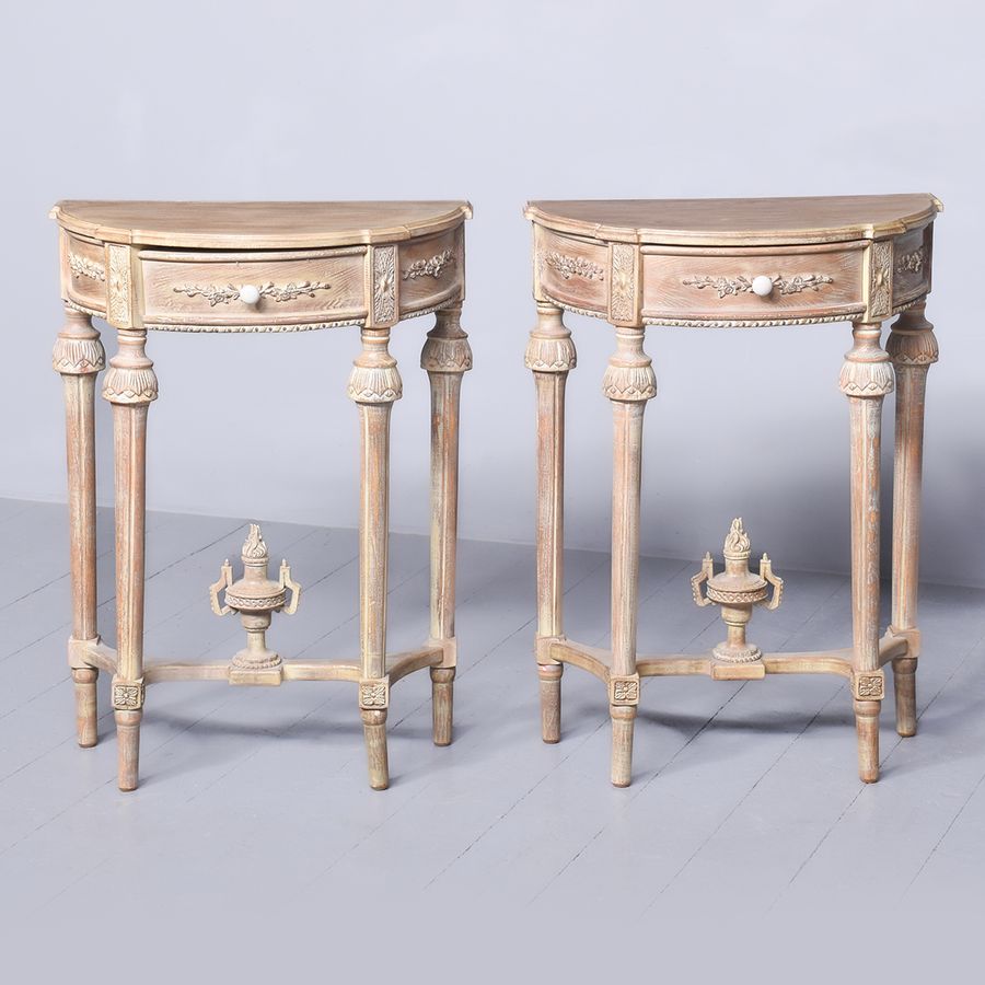 Pair Of Louis XV Style Painted, Carved Hardwood Demi-Lune Tables