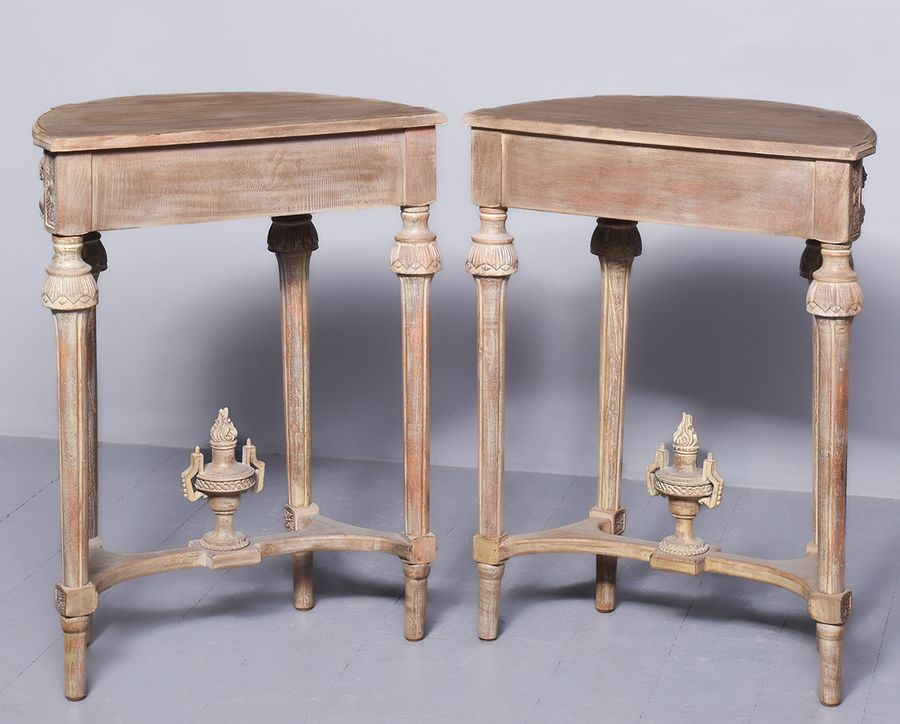 Antique Pair Of Louis XV Style Painted, Carved Hardwood Demi-Lune Tables