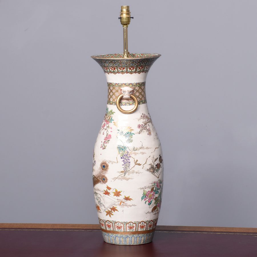 Antique Tall Japanese 19th Century Hand-Painted Satsuma Vase Converted to Lamp