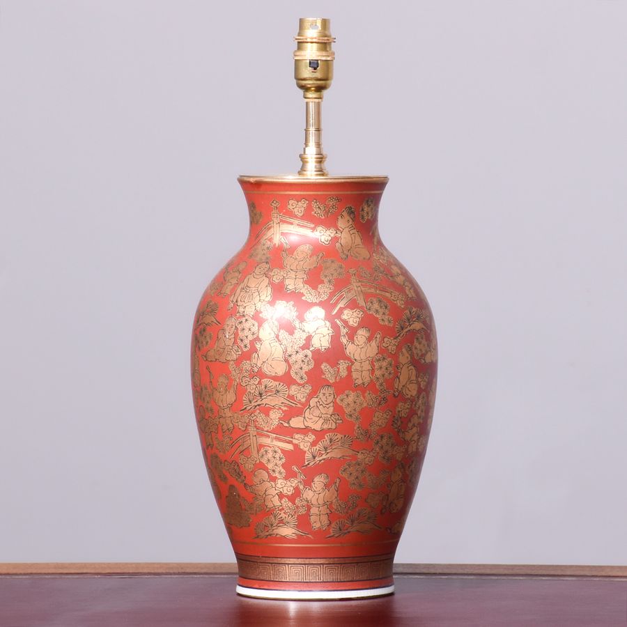 Hand-Painted Gilt-Decorated, Dark Red Japanese Porcelain Vase Converted to A Lamp