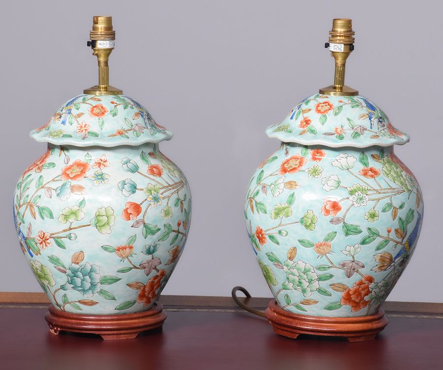 Antique Pair of Chinese Canton Style Lamps with a Pale Green Background