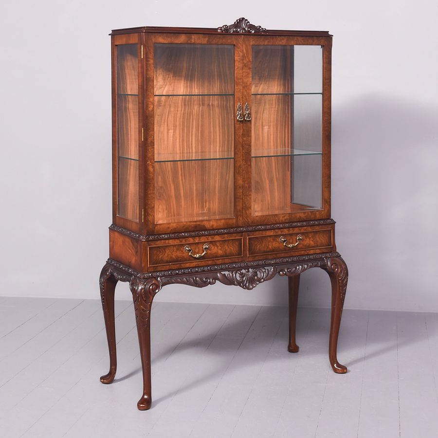 Georgian-Style Burr Walnut Glazed Display Cabinet on A Carved Stand