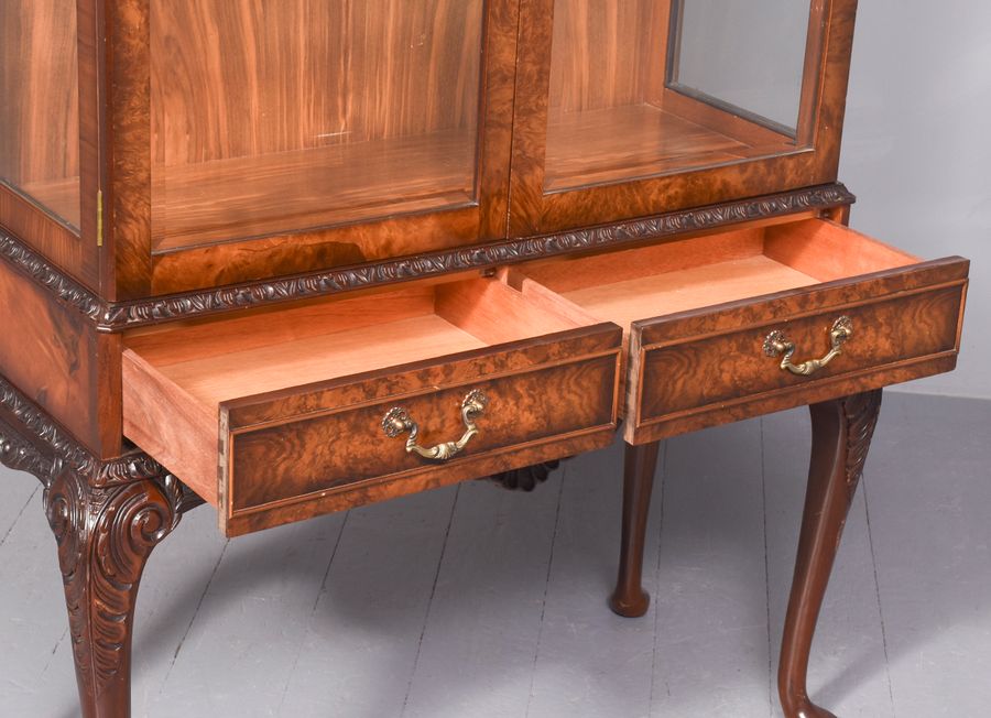 Antique Georgian-Style Burr Walnut Glazed Display Cabinet on A Carved Stand