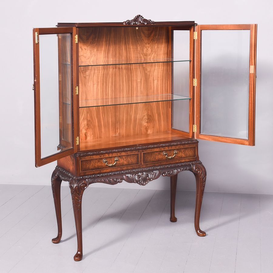 Antique Georgian-Style Burr Walnut Glazed Display Cabinet on A Carved Stand