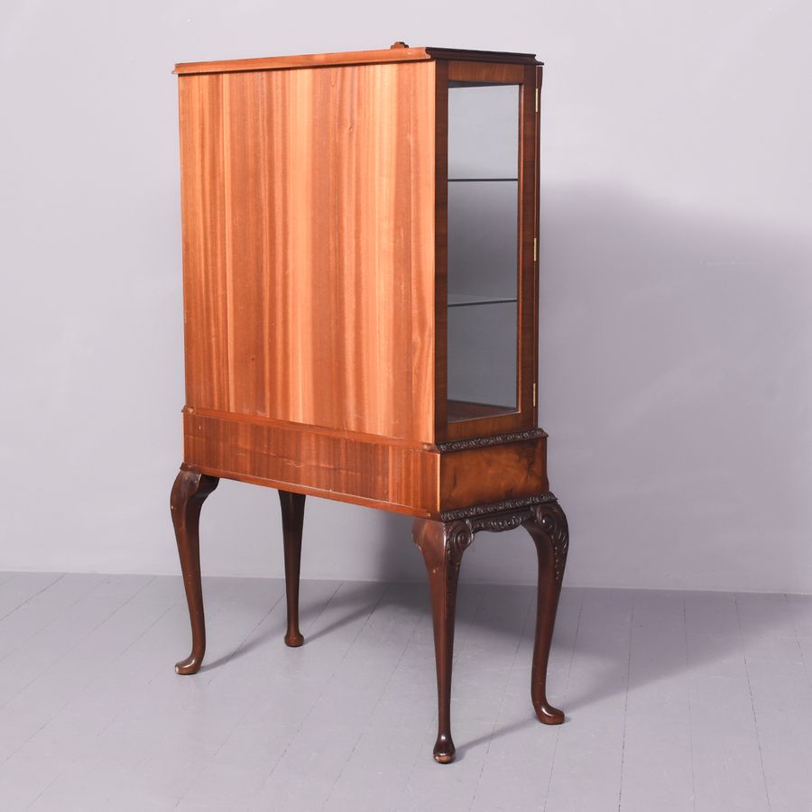 Antique Georgian-Style Burr Walnut Glazed Display Cabinet on A Carved Stand