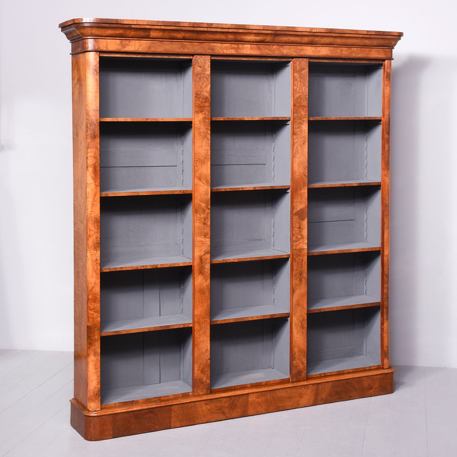 Antique Victorian Burr-Walnut Three-Section, Tall Open Bookcase with Lovely Colour and Patina