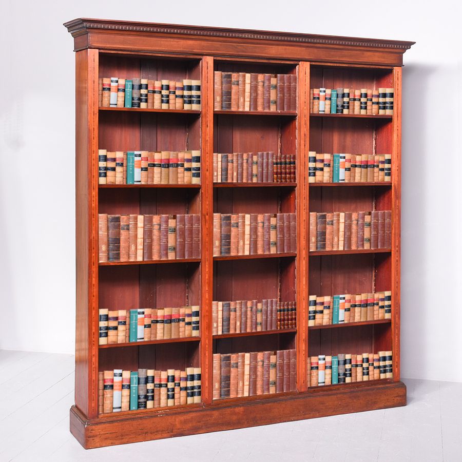 Tall, Sheraton-Style Edwardian Inlaid Mahogany Three-Section Open Bookcase