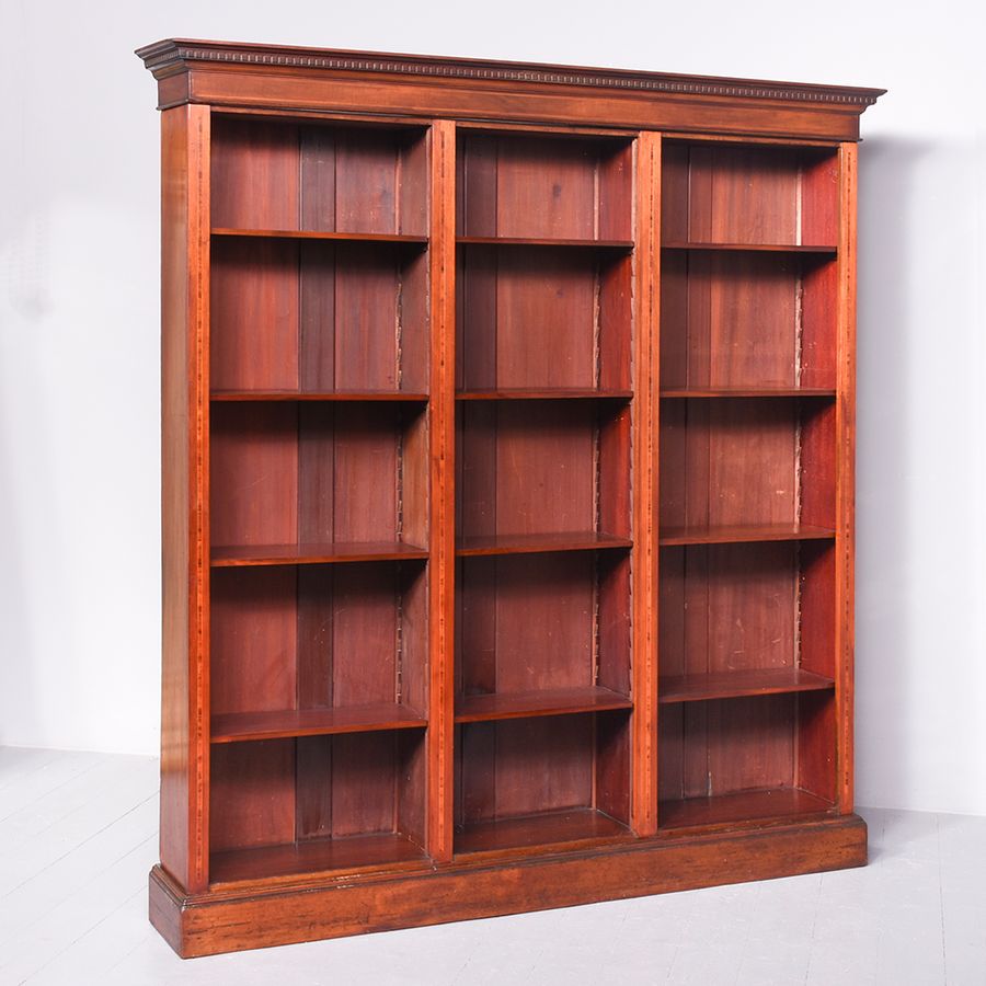 Antique Tall, Sheraton-Style Edwardian Inlaid Mahogany Three-Section Open Bookcase 