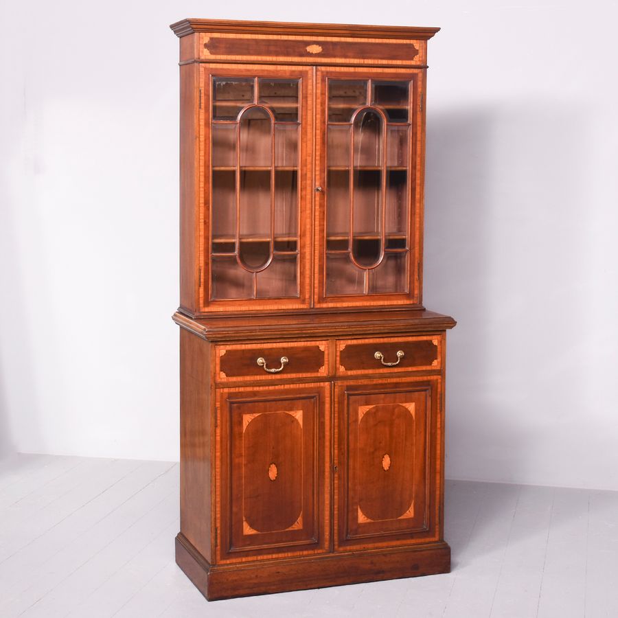 Outstanding Quality Edwardian Sheraton-Style Inlaid Mahogany Cabinet Bookcase, Possibly Maple And...