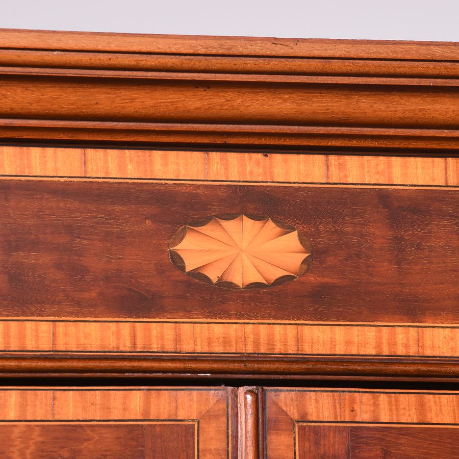 Antique Outstanding Quality Edwardian Sheraton-Style Inlaid Mahogany Cabinet Bookcase, Possibly Maple And Co