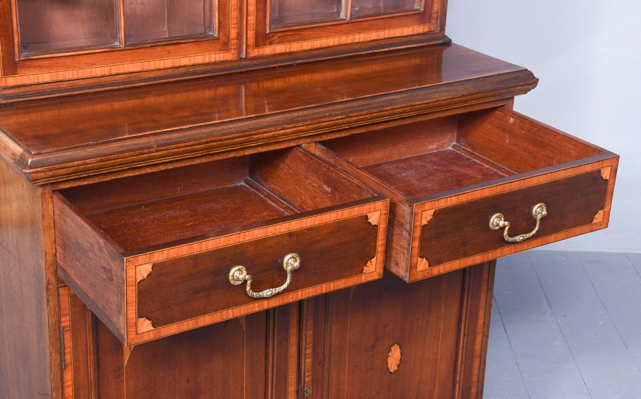 Antique Outstanding Quality Edwardian Sheraton-Style Inlaid Mahogany Cabinet Bookcase, Possibly Maple And Co