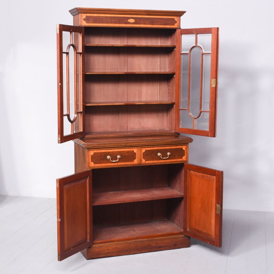 Antique Outstanding Quality Edwardian Sheraton-Style Inlaid Mahogany Cabinet Bookcase, Possibly Maple And Co