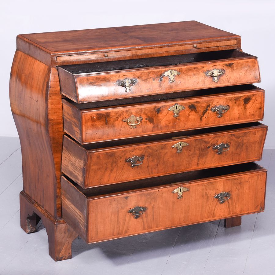 Antique Early 19th Century Dutch Crossbanded Walnut Bombe-Front Chest Of Drawers With Brushing Slide