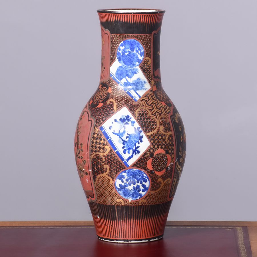 Antique Tall Japanese Bulbous Vase with Unusual Geometric Inset Panels 