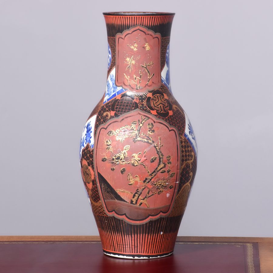 Antique Tall Japanese Bulbous Vase with Unusual Geometric Inset Panels 