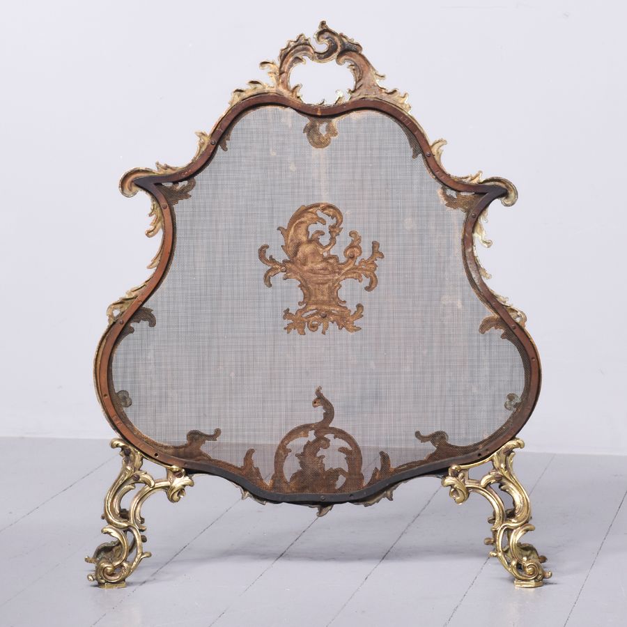 Antique Louis XV Style Cast Brass and Mesh Fire Screen