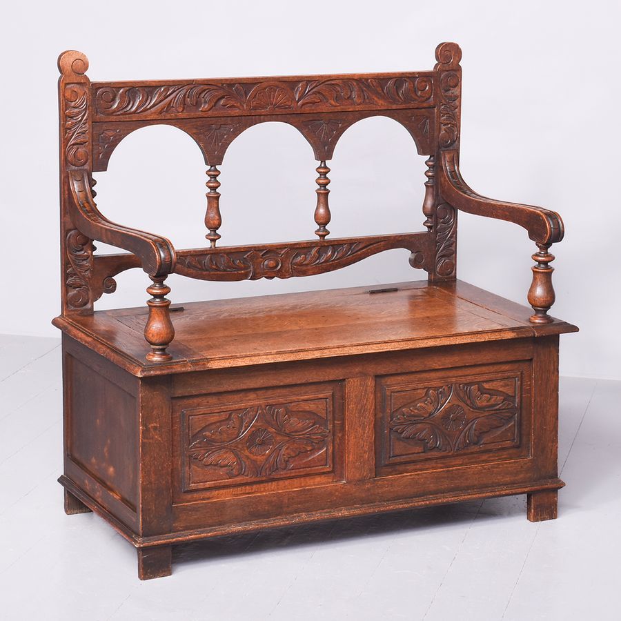 Victorian Jacobean Style Carved Oak Box Settle or Hall Bench