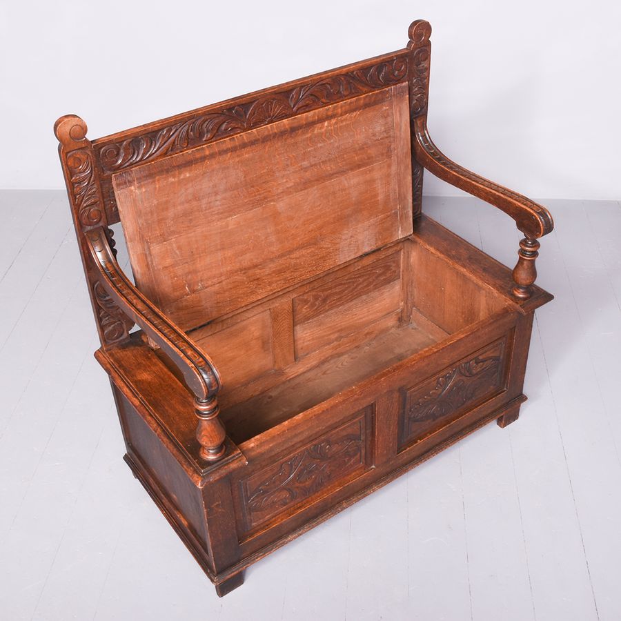 Antique Victorian Jacobean Style Carved Oak Box Settle or Hall Bench