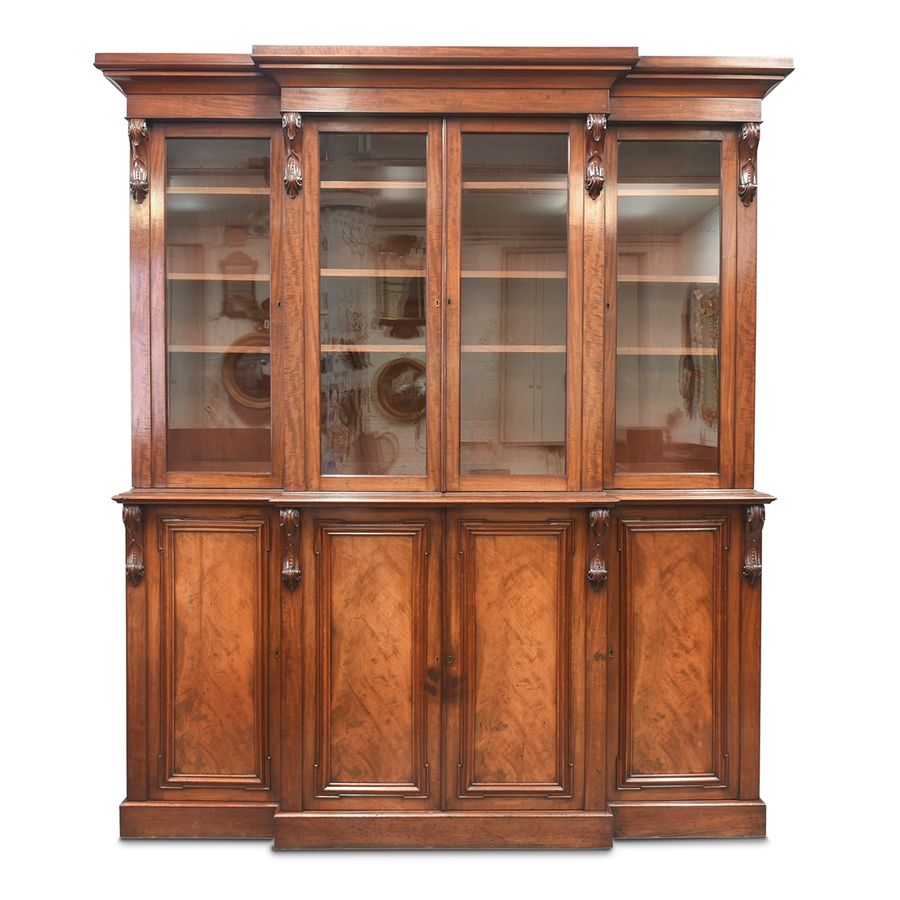 Antique Early Victorian Mahogany Four Door Breakfront Cabinet Bookcase