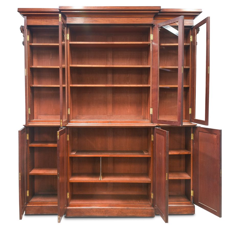 Antique Early Victorian Mahogany Four Door Breakfront Cabinet Bookcase