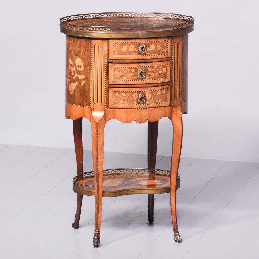 French Marquetry Inlaid Oval Side Table with Brass Gallery