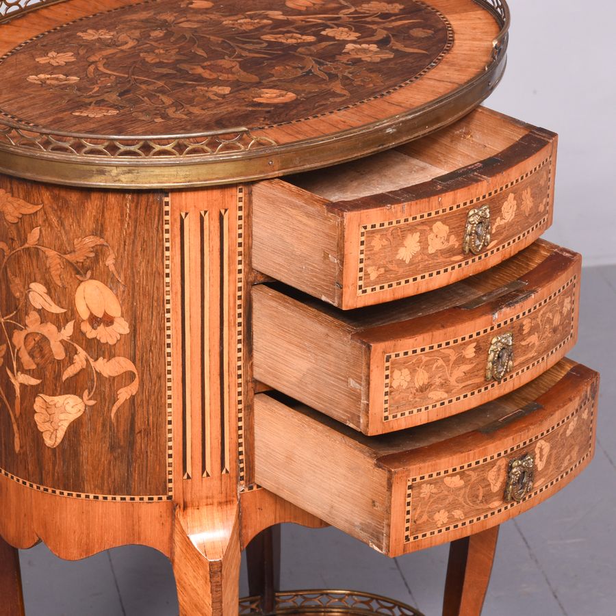 Antique French Marquetry Inlaid Oval Side Table with Brass Gallery