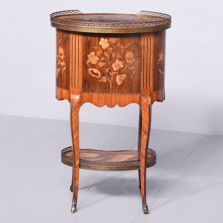 Antique French Marquetry Inlaid Oval Side Table with Brass Gallery