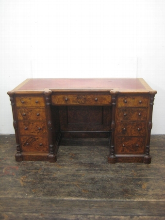 Mid Victorian Burr Walnut Pedestal Desk