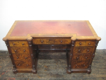 Antique Mid Victorian Burr Walnut Pedestal Desk