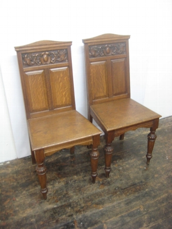 Pair of Mid Victorian Carved Oak Hall Chairs