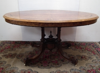 Antique Mid Victorian Burr Walnut Inlaid Oval Breakfast Table