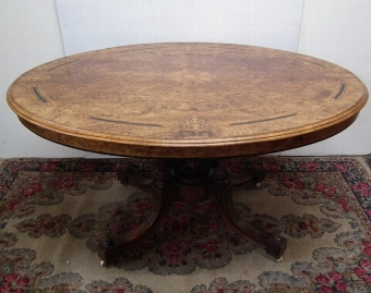 Antique Mid Victorian Burr Walnut Inlaid Oval Breakfast Table