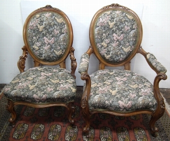 Pair of Mid Victorian Walnut Ladies and Gents Armchairs