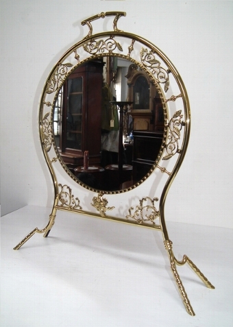 Unusual Victorian Brass Mirrored Fire Screen