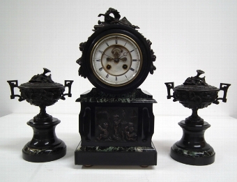 :SALE: Victorian Black and Green Marble Clock Garniture