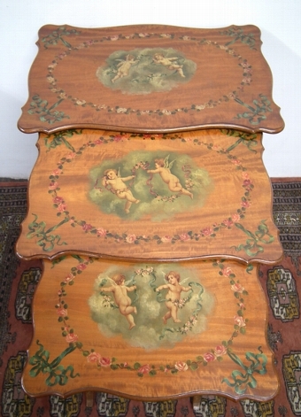 Antique Nest of 3 Painted Satinwood Tables