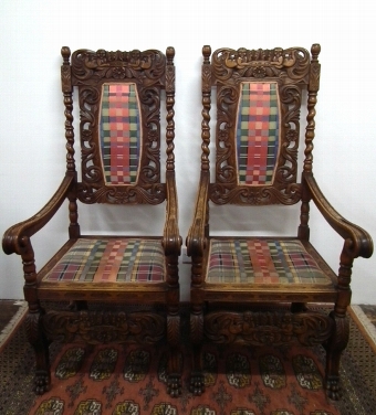 Pair of Hand Carved Oak Armchairs