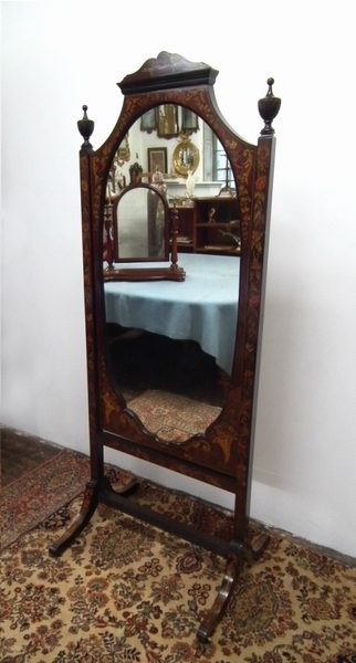 Late Victorian Marquetry Inlaid Cheval Mirror