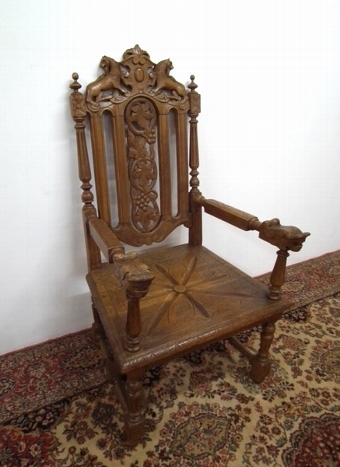 Victorian Carved Oak Baronial Style Hall Chair
