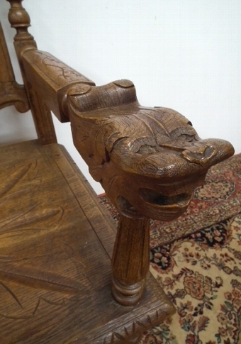 Antique Victorian Carved Oak Baronial Style Hall Chair