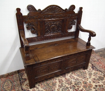 Edwardian Carved Oak Monks Bench